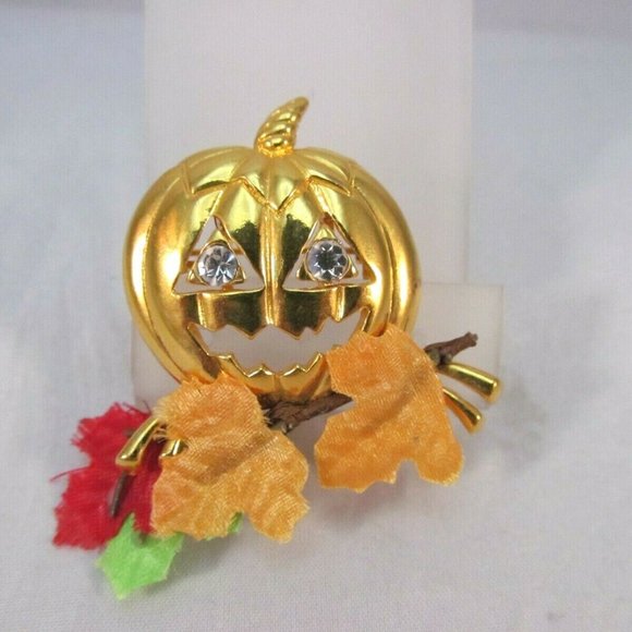 Pumpkin Brooch with Rhinestone Eyes Autumn Leaves - Picture 9 of 11